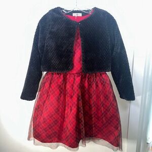 Purple Rose Girls Red Plaid Dress and Black Faux Fur Shrug Set Size 16 SDG600